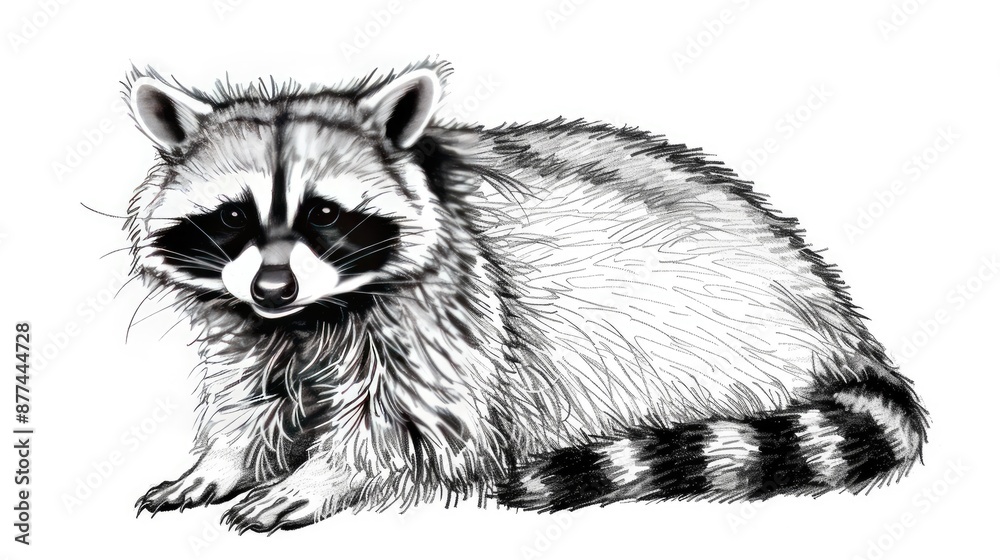 Black and white illustration of a raccoon, capturing intricate fur details and expressive eyes in a realistic sketch style. Black and white illustration of a raccoon, capturing intricate fur details and expressive eyes in a realistic sketch style.