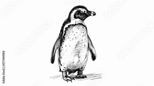 Black and white sketch of a standing penguin on a white background, illustrating detailed and realistic pen drawing. photo