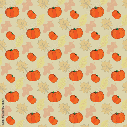 Pumpkins On Autumn Leaves Seamless Vector Pattern Design