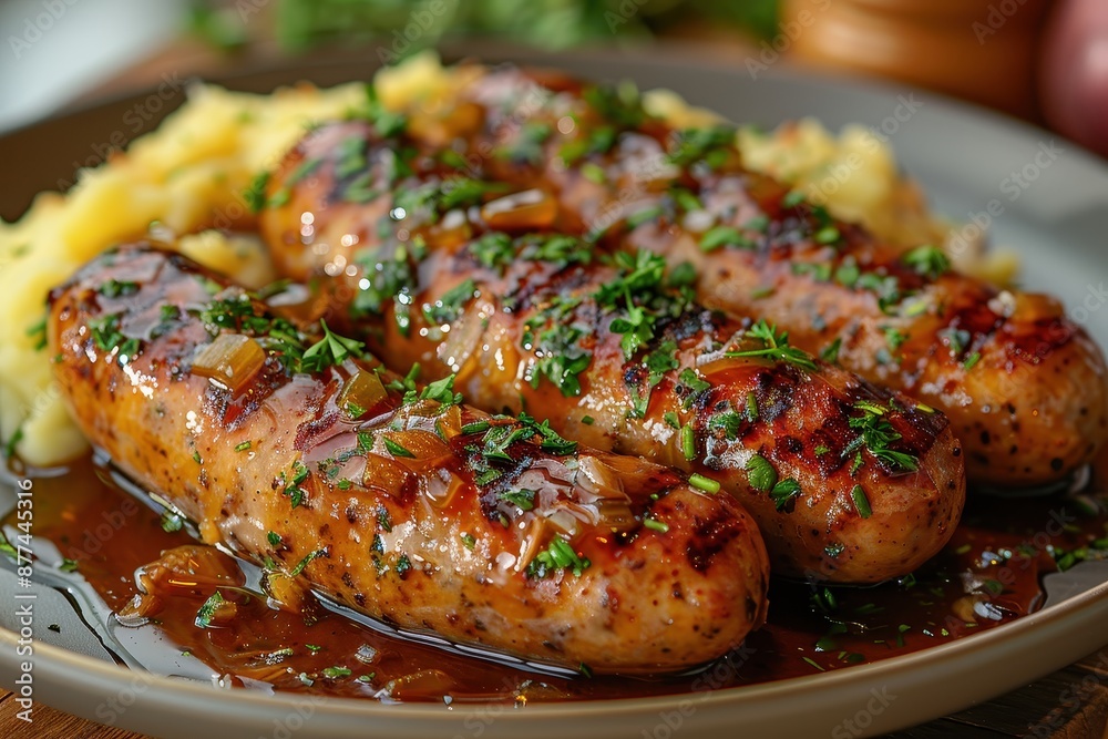 A plate of bangers and mash, featuring juicy sausages on a bed of creamy mashed potatoes, topped with onion gravy. A plate of bangers and mash, featuring juicy sausages on a bed of creamy mashed potatoes, topped with onion gravy.