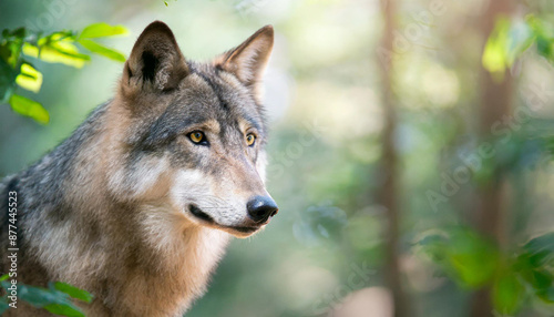 Staring into the yellow ember eyes of a male wolf animal portrait and wild life conservatory