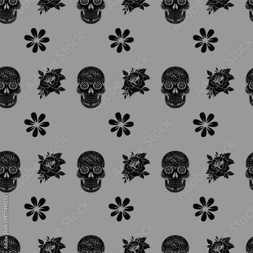 Sugar skulls and flowers Seamless Vector Pattern Design