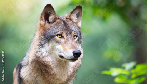 Staring into the yellow ember eyes of a male wolf animal portrait and wild life conservatory