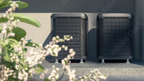 Air heat pump / air conditioning system installed at a family home (detail) - 3D visualisation photo