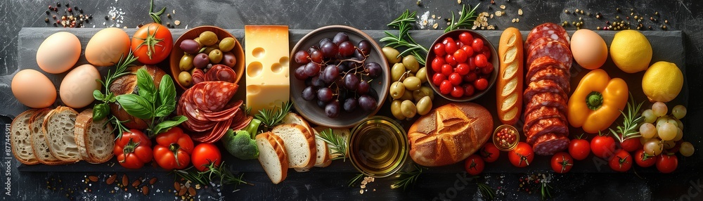 Groceries. Food products top view. Bread, grape, sausage, cheese, eggs, olive, oil, lemon, pepper, tomatoes and herbs. Food products background. Groceries. Food products top view. Bread, grape, sausage, cheese, eggs, olive, oil, lemon, pepper, tomatoes and herbs. Food products background.