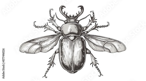 Detailed black and white illustration of a beetle with intricate wing and leg patterns, showcasing natural beauty and complexity. photo