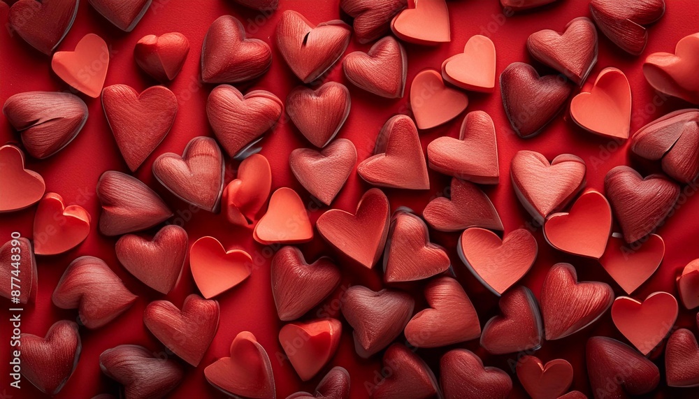 red convex hearts of different sizes on a red background. concept of love and greeting cards
