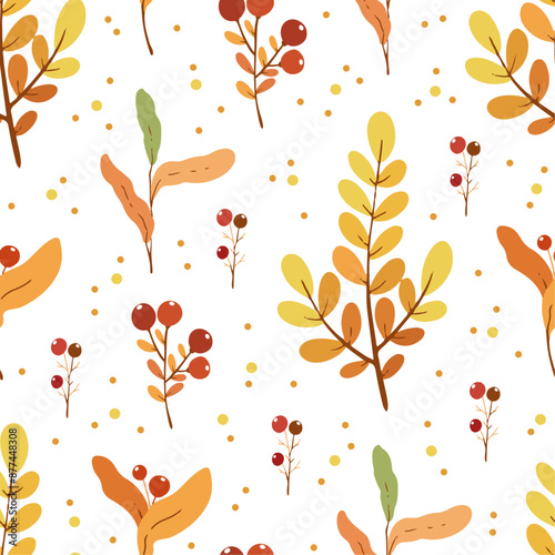 Seamless pattern with autumn leaves and red berries on white background, design for fabric, wallpapers	
