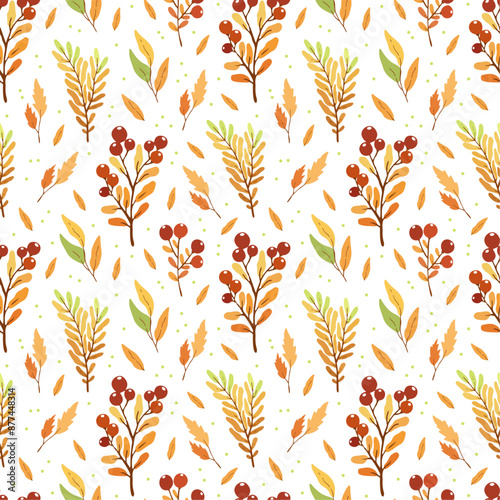 Seamless pattern with autumn leaves and red berries on white background, design for fabric, wallpapers	

