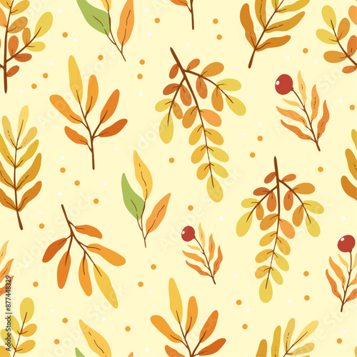 Seamless pattern with autumn leaves and red berries on white background, design for fabric, wallpapers	