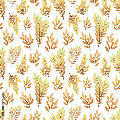 Seamless pattern with autumn leaves and red berries on white background, design for fabric, wallpapers	