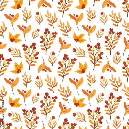 Seamless pattern with autumn leaves and red berries on white background, design for fabric, wallpapers	