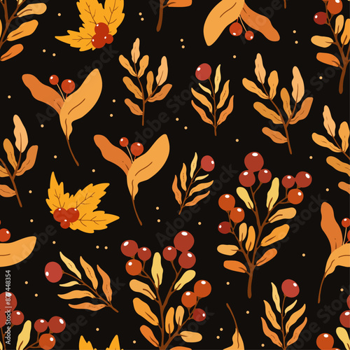 Seamless pattern with autumn leaves and red berries on the dark brown background, design for fabric, wallpapers	