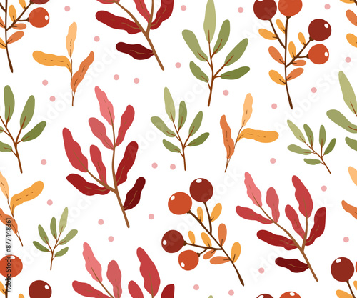 Seamless pattern with autumn leaves and red berries on white background, design for fabric, wallpapers	