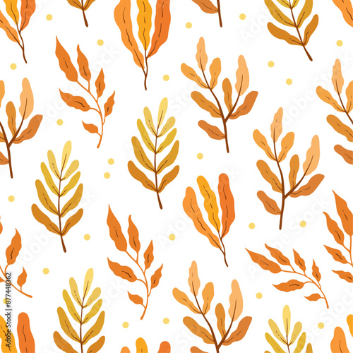 Seamless pattern with autumn leaves and red berries on white background, design for fabric, wallpapers	
