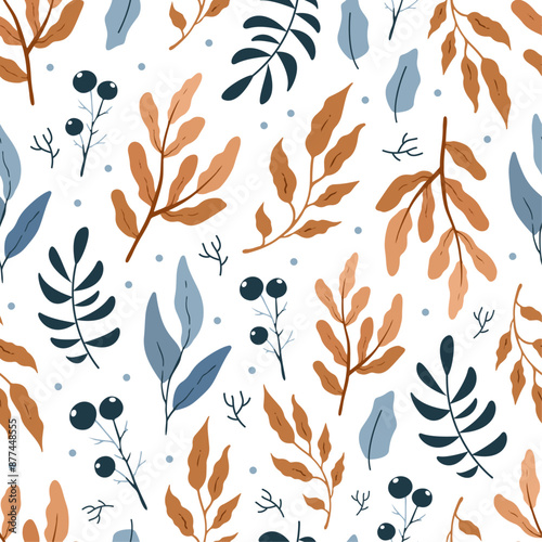 Seamless pattern with autumn leaves and red berries on white background, design for fabric, wallpapers	