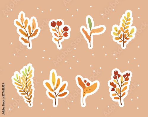 Vector autumn clipart design with colourful elements isolated on white background, fall stickers