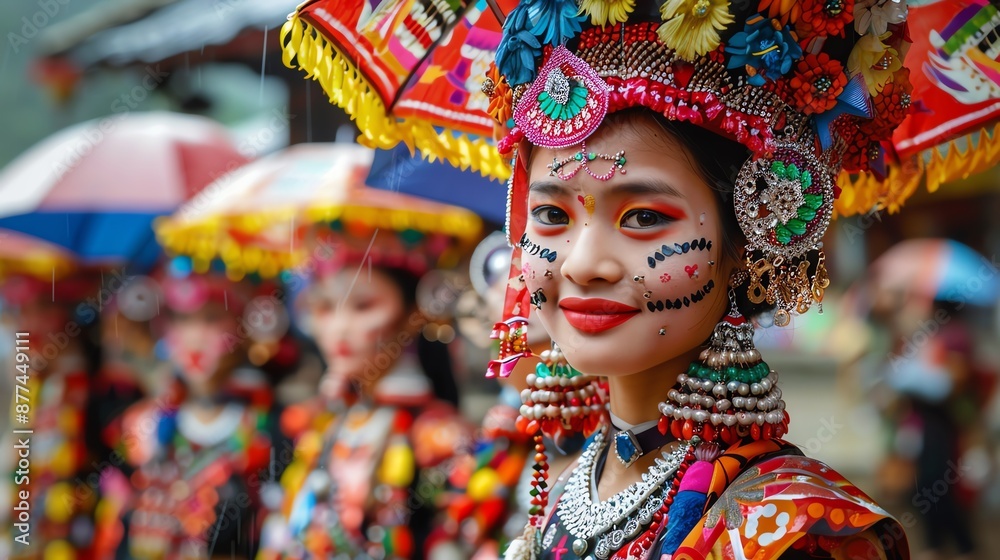 Fototapeta premium Young woman in colorful traditional costume smiles at camera during a cultural festival.