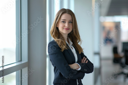 Free Download A confident businesswoman in a modern office setting, exuding professionalism and poise with her arms crossed in front of a large window. - GFXLoad