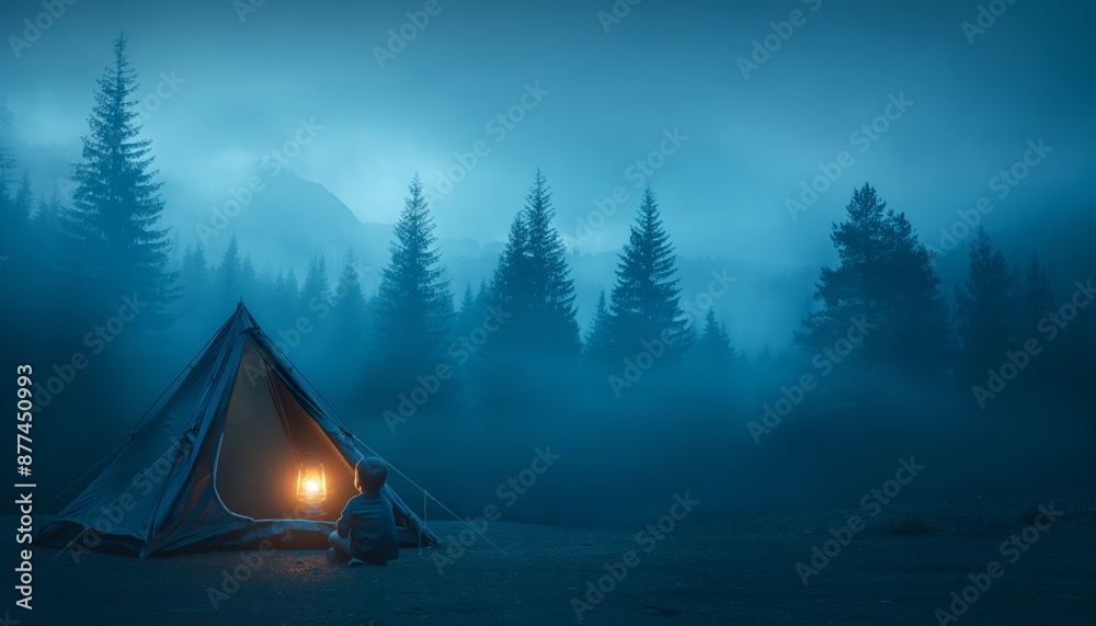 A tent illuminated by a lantern held by a person seated outside in a dark, dense forest. The image portrays an adventurous spirit, solitude, and connection with nature. A tent illuminated by a lantern held by a person seated outside in a dark, dense forest. The image portrays an adventurous spirit, solitude, and connection with nature.