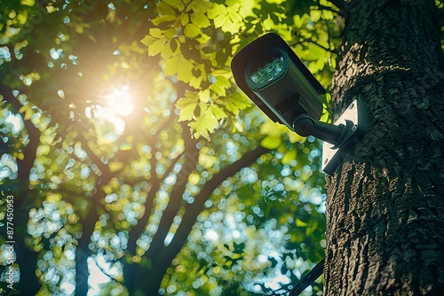 Discreet outdoor security camera mounted on a tree in a lush green forest photo