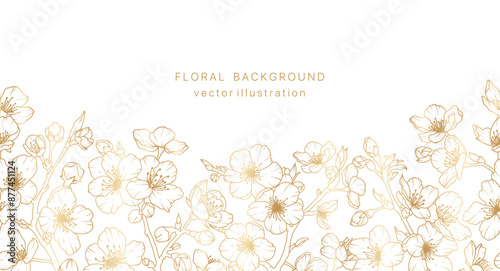 Gold sakura flower hand drawn background. Floral cherry blossom japanese plant leaf golden frame design. Spring vintage bouquet luxury pattern. Vector illustration nature summer card