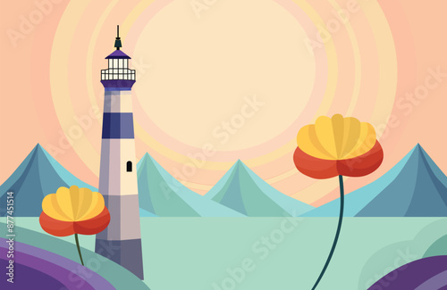 An attractive landscape with a lighthouse and mountain illustration.