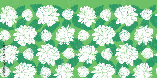Vector white and green rows of Jasminum sambac or Arabian Jasmine flower monochrome horizontal border pattern. Suitable invitation cards and posters.