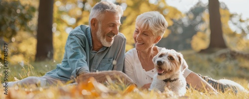 A senior couple are sitting on the ground with a dog.