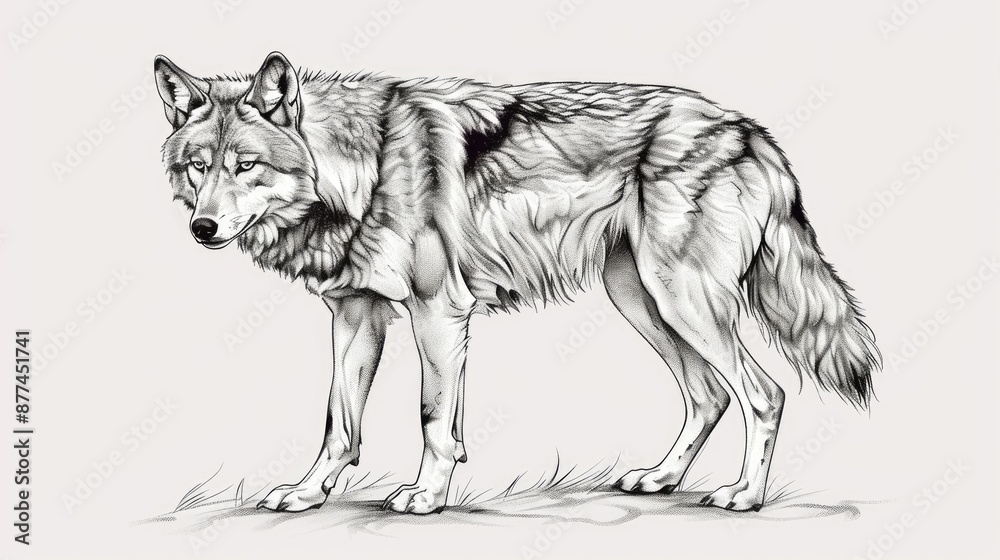 Fototapeta premium Detailed black and white illustration of a wolf. Intricate line art showcases the wild beauty and majestic presence of the animal.