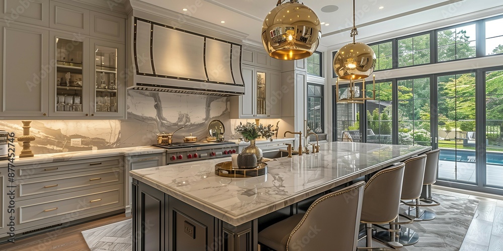 Modern luxury kitchen island with quartz countertop and gold accents ...