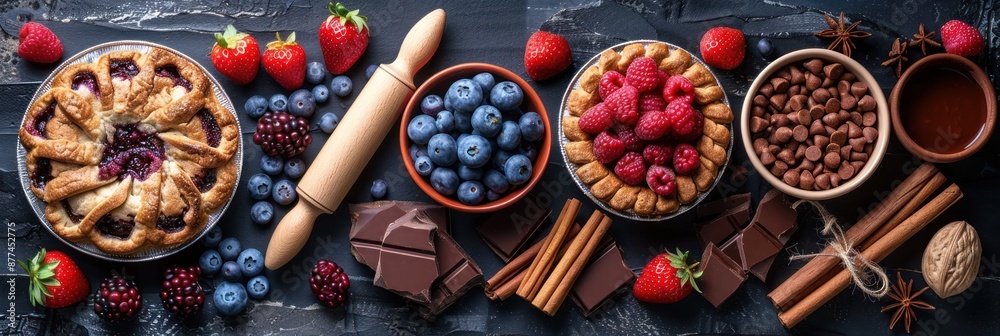 Fototapeta premium Blueberry, Raspberry and Chocolate Pie Ingredients