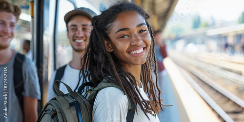 multi-ethnic young backpackers at a train station