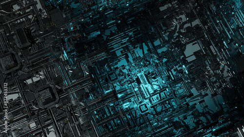 Wallpaper Mural Futuristic complex circuit board with neon blue light Torontodigital.ca