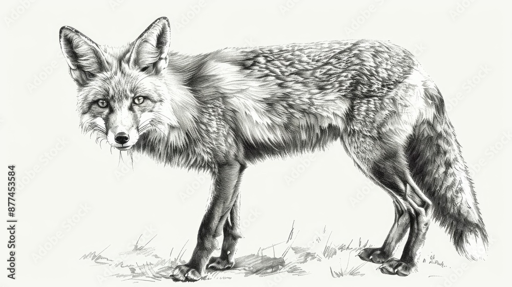 Detailed pencil drawing of a standing fox with realistic fur texture, capturing the elegance and grace of a wild animal in nature. Detailed pencil drawing of a standing fox with realistic fur texture, capturing the elegance and grace of a wild animal in nature.
