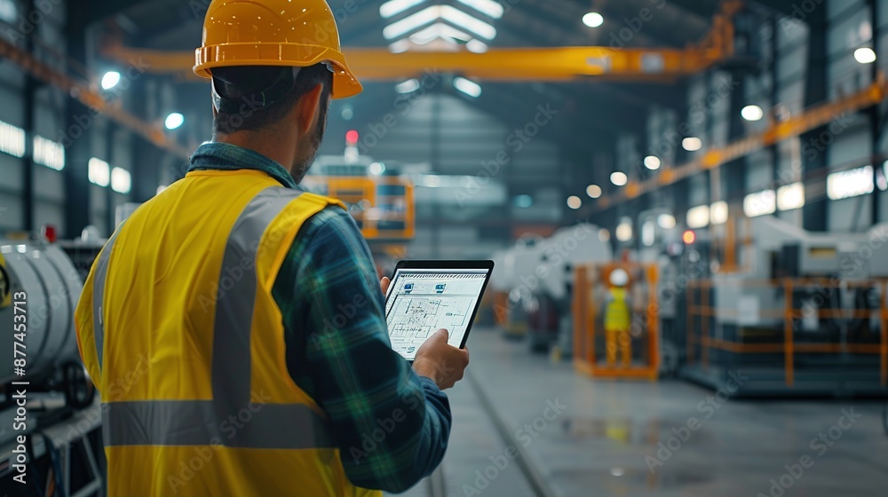 © Hafizh - Industrial engineer wearing hardhat and safety vest uses tablet to monitor factory production line