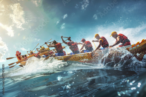 A vibrant dragon boat team paddles in unison through waves, showcasing teamwork and strength under a sunny sky.