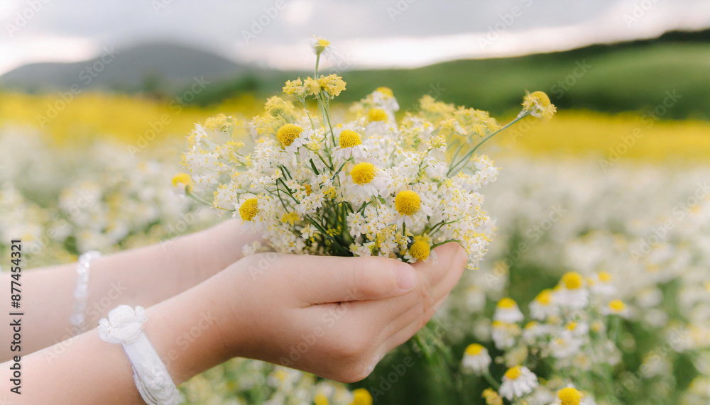 Many flowers of daisies in children's palms on a sunny summer day for a gift Many flowers of daisies in children's palms on a sunny summer day for a gift