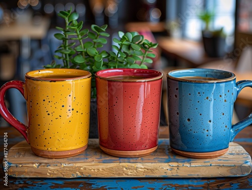 Trio of colorful speckled cups. Rustic ceramic mugs on wooden table. photo