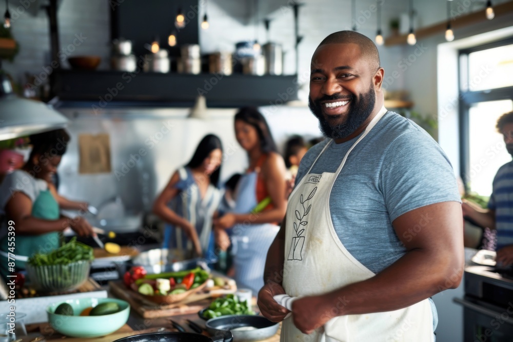 Smiling black man taking class to learn how to cook vegetarian food Smiling black man taking class to learn how to cook vegetarian food