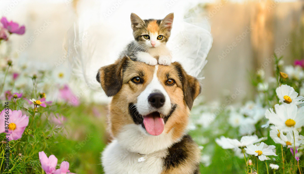 Happy mixed breed dog posing with a kitten on his head,