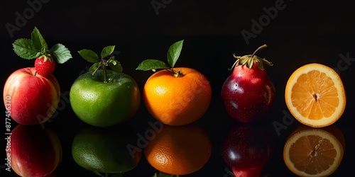 Fototapeta Naklejka Na Ścianę i Meble -  A series of five fruits including apple, orange, lemon on a reflective black surface with a dark background.