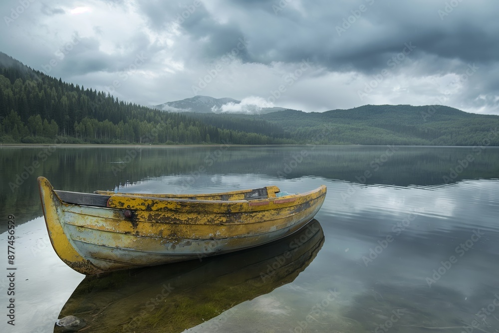 A yellow boat sits calmly on a still mountain lake reflecting the surrounding trees and a cloudy sky. A yellow boat sits calmly on a still mountain lake reflecting the surrounding trees and a cloudy sky.