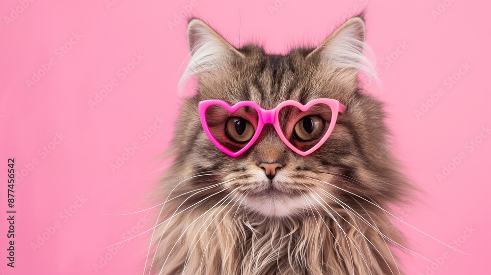 A cat wearing pink glasses with heart shaped lenses. The cat is looking at the camera with a curious expression A cat wearing pink glasses with heart shaped lenses. The cat is looking at the camera with a curious expression