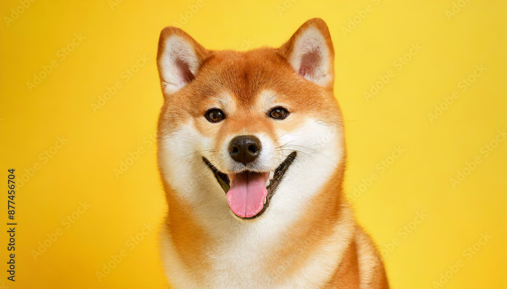 Happy smiling shiba inu dog isolated on yellow orange background with copy space. Red-haired Japanese dog smile portrait Happy smiling shiba inu dog isolated on yellow orange background with copy space. Red-haired Japanese dog smile portrait