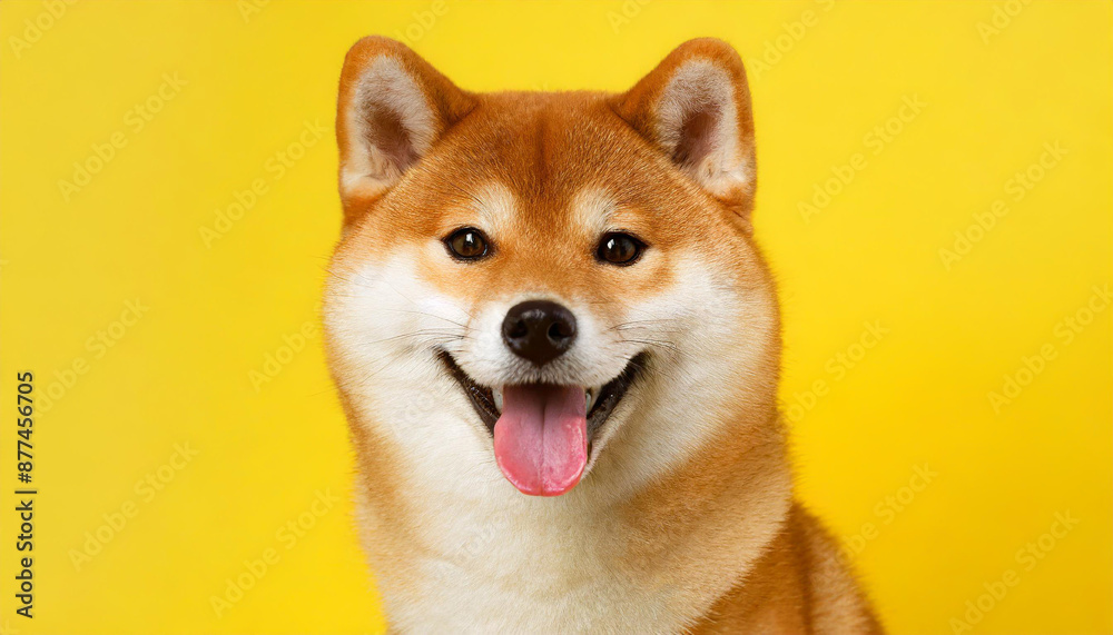 Happy smiling shiba inu dog isolated on yellow orange background with copy space. Red-haired Japanese dog smile portrait Happy smiling shiba inu dog isolated on yellow orange background with copy space. Red-haired Japanese dog smile portrait