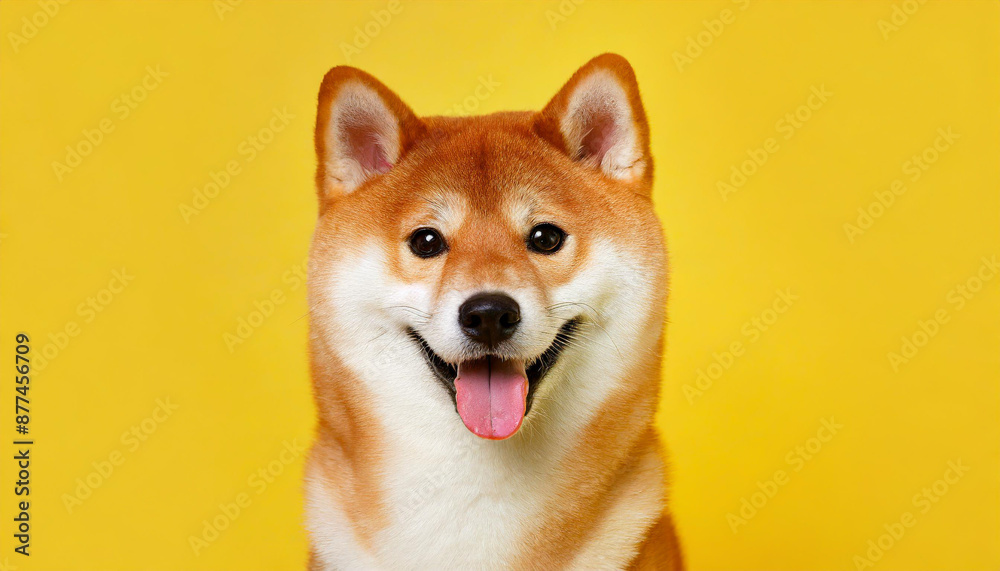Happy smiling shiba inu dog isolated on yellow orange background with copy space. Red-haired Japanese dog smile portrait Happy smiling shiba inu dog isolated on yellow orange background with copy space. Red-haired Japanese dog smile portrait