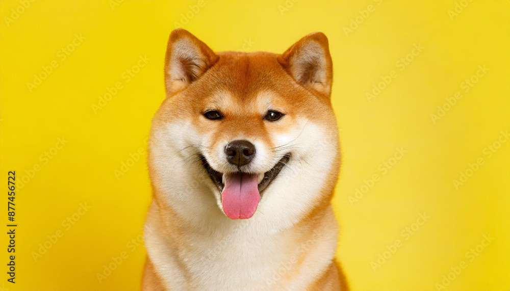 Happy smiling shiba inu dog isolated on yellow orange background with copy space. Red-haired Japanese dog smile portrait Happy smiling shiba inu dog isolated on yellow orange background with copy space. Red-haired Japanese dog smile portrait