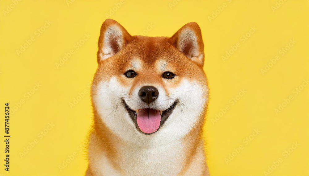 Happy smiling shiba inu dog isolated on yellow orange background with copy space. Red-haired Japanese dog smile portrait Happy smiling shiba inu dog isolated on yellow orange background with copy space. Red-haired Japanese dog smile portrait