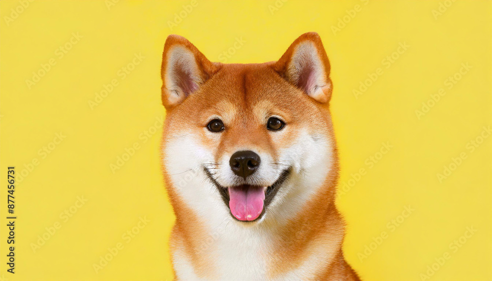 Happy smiling shiba inu dog isolated on yellow orange background with copy space. Red-haired Japanese dog smile portrait Happy smiling shiba inu dog isolated on yellow orange background with copy space. Red-haired Japanese dog smile portrait